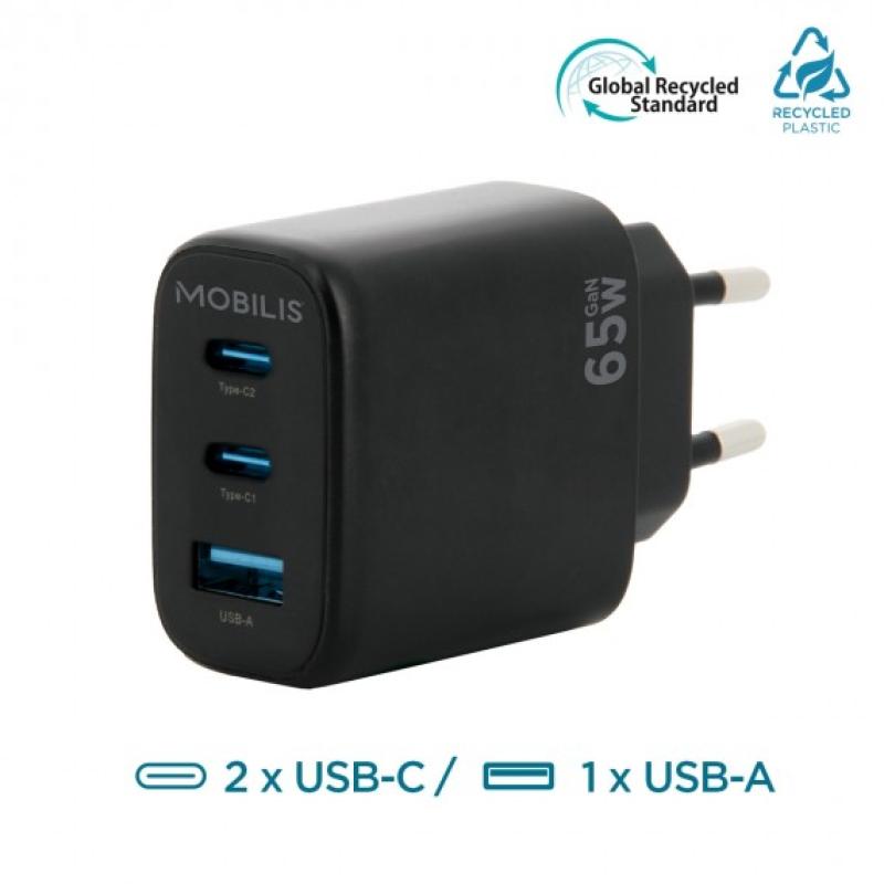 Mobilis Wandladegerät - 65W - 2 USB C + 1 USB A - GaN. MOQ 10 un. 001364