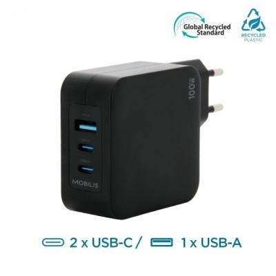 Mobilis Wandladegerät - 100 W - 2 USB C + 1 USB A GaN + cable - 2m - 100W. . 001365