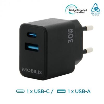 Mobilis Wandladegerät - 30W - 1 USB A + 1 USB C - GaN. MOQ 10 un. 001362